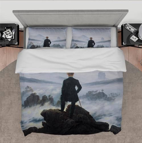 DINGSION Caspar David Friedrich Style Bettwäsche-Set 3-teilig Der Wanderer über dem Nebelmeer Schlafzimmer-Bettwäsche- Set mit 2 Kissen-Shams-Reißverschl uss 135 x 200 cm