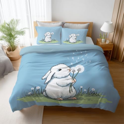 Blau Weiß Sanft Pusteblume Kaninch H 180 x B 200cm Bettwäsche-Sets Bettbezug mit Reißverschluss Maschinenwaschbar Robust Kuschelige Bettwäsche Duvet Cover mit Kissenbezüge