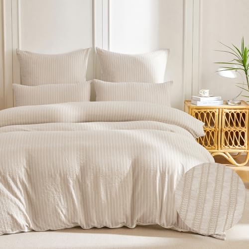 SOULFUL Bettwäsche 200x200 Baumwolle Gestreift, Jacquard Textur Bettwäsche-Set Enthält 1 Bettbezug 200x200 und 2 Kissenbezug 80x80, Bequem und Atmungsaktiv, Öko-Tex 100 Zertifiziert, Beige