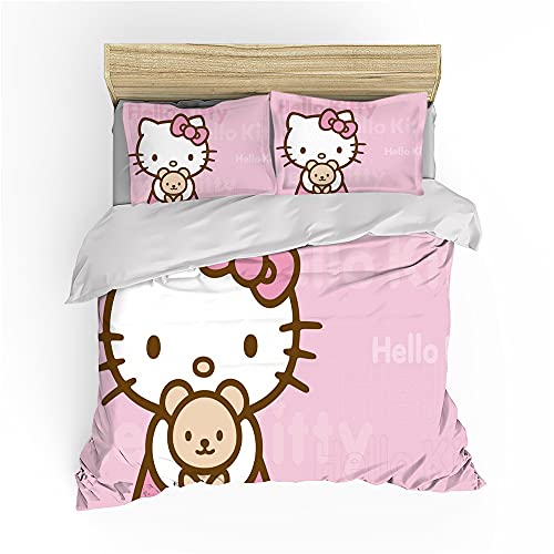 NICHIYOBI Hellokitty Bettbezug Bettwäsche Set - Bettbezug und Kissenbezug,Mikrofaser,3D Digital Print dreiteiliger Bettwäsche (8,200x200cm+ 80x80cmx2)