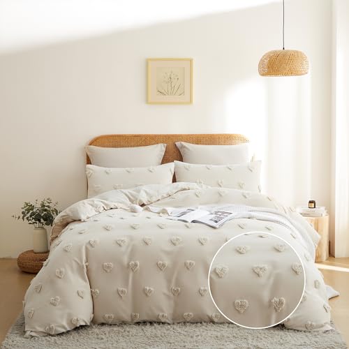 Freyamy Beige Bettwäsche 135x200cm 2teilig Böhmen Getuftet Herz Boho Bettwäsche Stickerei Shabby Chic Bettwaren-Sets Microfaser Weiche Bettbezug mit Reißverschluss und Kissenbezug 80x80cm