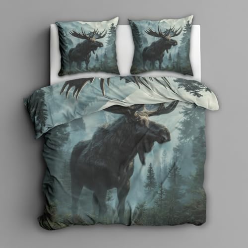 Generisch Bettwäsche 200x200 Elch Wende Motiv 3tlg, Schlafzimmer Deko, Elch Wald Wildtiere Bettbezug und 2 Kissenbezüge 80x80, Weiche Mikrofaser Deckenbezug mit Reißverschluss -i220