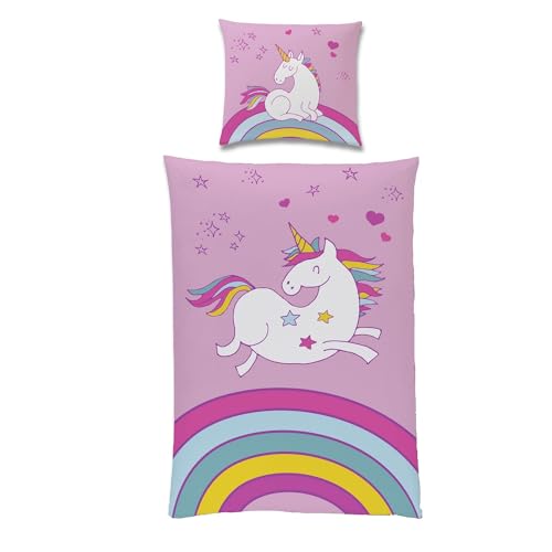Familando Rosa Bettwäsche Set mit Einhorn für Mädchen · Kinderbettwäsche 135x200 80x80 cm aus 100% Baumwolle · Motiv mit Regenbogen zum Wenden