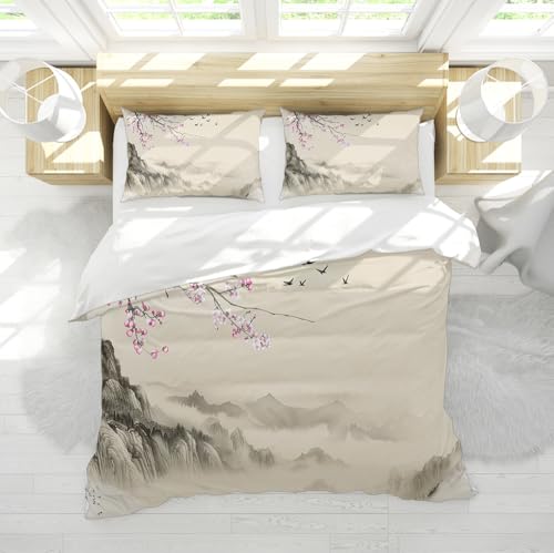 LANDERSION Traditionelles Tinten Kunst Bettdeckenbezug Set Orientalischer Natur, chinesischer Stil Bergdeckenbezug, rosa Pflaumenvogel Muster, weiche 3 teilige Bettwäsche 155x220cm