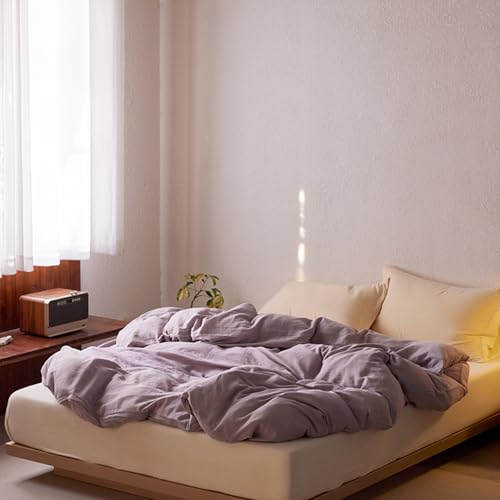 E-yimeng Musselin Bettwäscåhe 240x220 Baumwolle Bettwäscåhe 240x220 Musselin Bettwäsche-Sets Bettbezug mit 2 Kissenbezüge 50x75 cm und Verdecktem Reißverschluss Kuschelig Weich Einfarbig Lila