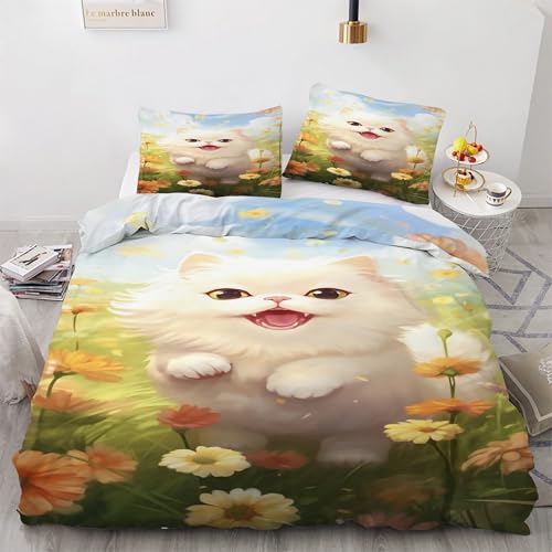BSYYZQC Bettwäsche 135x200 Katze Bettwäsche-Sets GäNseblüMchen Bettbezug Weiche Atmungsaktiv Mikrofaser mit Reißverschluss und 2 Kissenbezüge 80x80 für Kinder Geeignet