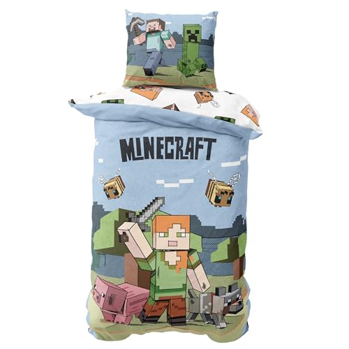 MTOnlinehandel Minecraft Bettwäsche 135x200 Bettbezug + 80x80 Kissenbezug, Gaming für Kinder und Teenager aus Microfaser, Geschenkidee Gamer