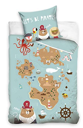 MTOnlinehandel Pirat Bettwäsche Bettbezug 135x200 80x80 100% Baumwolle · Bettwäsche-Set für Kinder · 2 teilig · Kinderbettwäsche blau