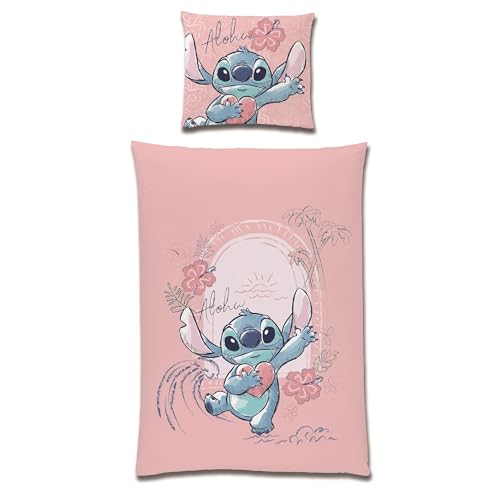 Familando Lilo und Stitch Bettwäsche für Mädchen in 135x200 80x80cm · Kinderbettwäsche aus 100% Baumwolle mit Reißverschluss · Bettwäsche Set mit Stitch Motiv Aloha (Rosa)
