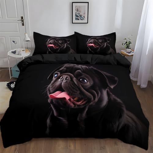 Bettwäsche 200x220cm Bettbezug Set 3teilig Tierfotografie Mops Microfaser Bettwäsche-Sets, Weiche und Angenehme Bettbezüge mit Reißverschluss + 2 Kopfkissenbezug 80x80 cm
