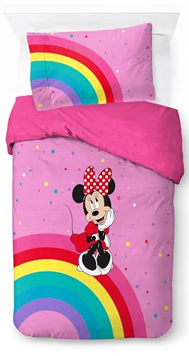 Jay Franco Disney Minnie Mouse Rainbow 100% Baumwolle Einzelbett-Bettbezug-Set – Enthält Kissenbezug 50 x 70 cm