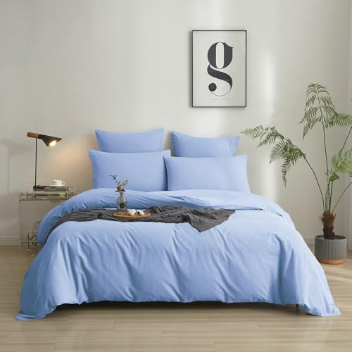 Luowei Bettwäsche 135x200 cm Baumwolle Blau Hellblau Bettbezug 2teilig 100% Gewaschene Baumwolle Bequem Atmungsaktiv Oeko-TEX Zertifiziert Bettwäsche Set mit Reißverschluss und Kissenbezug 80x80 cm