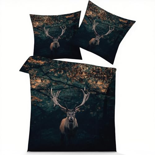 GEDAEUBA Sommer Bettwäsche 155x220 Hirsch - Waldtiere Bettbezug 155x220 3 teilig, Wendebettwäsche und Kissenbezug 80x80, Weiche & Atmungsaktive Mikrofaser Bettwäsche-Sets mit Reißverschluss