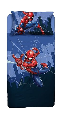 Spiderman, Bettlaken für Einzelbett, Bettlaken, Spannbettlaken, Kissenbezug, Blau, Marvel, 100% Baumwolle, offizielles Produkt