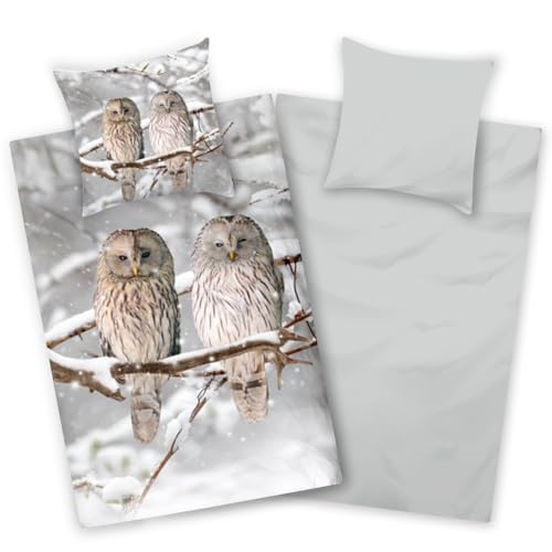 Aminata kids Biber Bettwäsche Eule 135x200 Baumwolle Tier-Motiv, Reißverschluss warm & kuschelig, Flanell-Winter-Bettwäsch e-Set - Wendebettwäsche mit Winterlandschaft grau