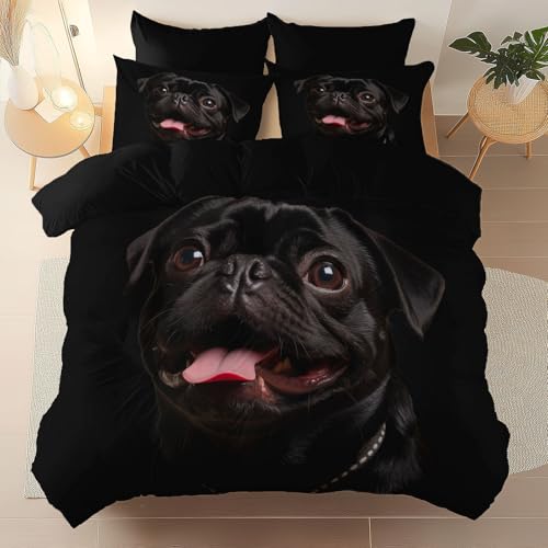 Bettbezug 220 x 240 cm, Schwarz Modern Fotografie Spaß Tiere Mops Bettwäsche, Wende Microfaser bettwäsche für Jungen Mädchen Bettbezug mit 2 Kissenbezügen - Kinder & Teenager Geschenk