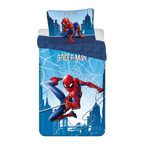 Jerry Fabrics Kinder Bettwäsche Set Wendebettwäsche Spider-Man City Spinnen Netze blau, Bezug Bettdecke 140x200 cm, Kopfkissenbezug 70x90 cm, 100% Baumwolle