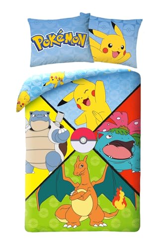Pokemon Bettwäsche, 100 % Baumwolle, wendbarer Bettbezug 140 x 200 cm + Kissenbezug 70 x 90 cm