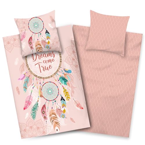 Aminata kids Bettwäsche 135x200 Traumfänger-Motiv Mädchen Baumwolle Wende-Kinder-Bettwäsche- Set Dreamcatcher Federn YKK Reißverschluss rosa