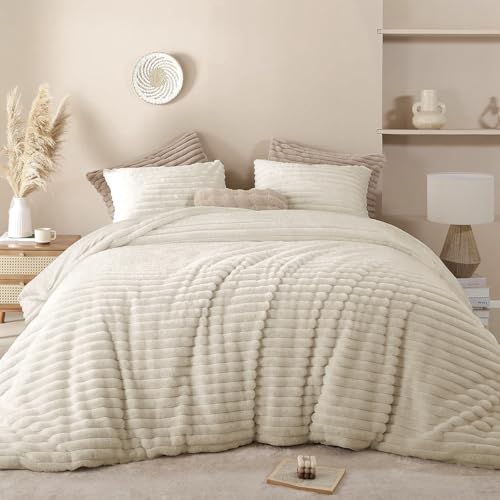 Lanqinglv Flauschig Bettwäsche 200x220 cm Beige Gestreift,Plüsch Kunstfell Flanell Winterbettwäsche Warm Kuschelig Cashmere Touch Bettbezug mit Reißverschluss und 2 Kissenbezug 80x80cm