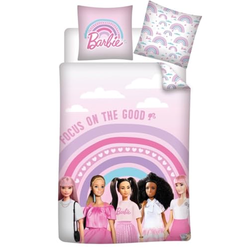 Barbie Bettwäsche, 100 % Baumwolle, für Einzelbett, Bettbezug 140 x 200 cm + Kissenbezug 65 x 65 cm