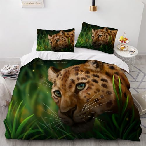 Leopard Bettwäsche 200x200cm mit Reißverschluss 3D Tiere Bettbezug 3 teilig flauschig weich Mikrofaser Bettwäsche Set mit 2 Kissenbezug 80x80cm