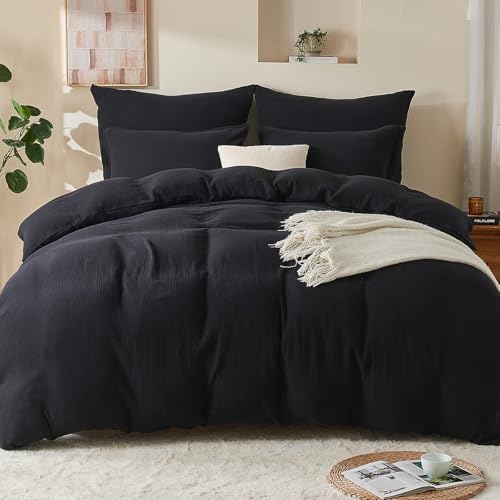 EMME Musselin Bettwäsche 100% Baumwolle, 135x200 Doppelte Sommer Bedding Bettwäsche-Sets mit Reißverschluss, 1er Set Bettbezug mit 1 Kissenbezüge 80x80 cm, Musselin Tagesdecke, ÖKO-TEX, Schwarz