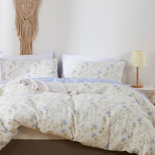Nayoroom Bettwäsche Baumwolle Blumen 200x200 Weiß Blau Blümchen Floral Pflanzenmuster Wende Bettbezug Set - 1 Elegant Geblümt Bettbezug und 2 Kissenbezüge 80x80 cm mit Reißverschluss