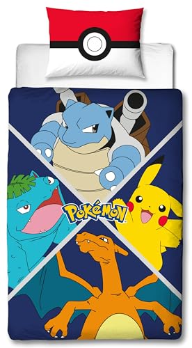 Pokémon Bettwäsche für Kinder, Gamer, für Einzelbett, Motiv Pikachu Starter Evolution, 2-teiliges Set, wendbarer Bettbezug 140 x 200 cm und Kissenbezug 63 x 63 cm, Textil, Öko-Tex-zertifiziert