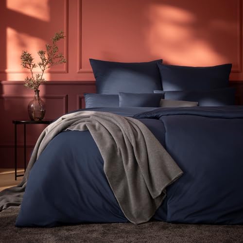 ESTELLA Mako Interlock Jersey Uni Bettwäsche | 100% Baumwolle | trocknerfest und bügelfrei | 155x220 cm + 80x80 cm | Farbe: Indigo