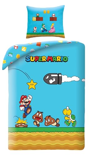 Bettwäsche Super Mario Blau, Bettbezug 140 x 200 cm + Kissenbezug, 100 % Polyester