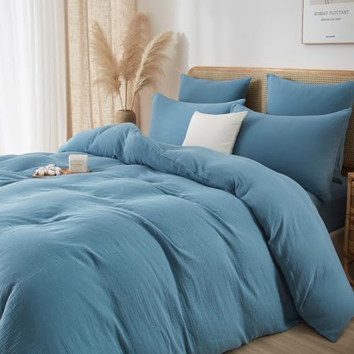 Luofanfei Baumwolle Bettwäsche 155x220 Musselin Petrol Blau Renforce Uni Sommer Kühlende Boho Bettwäsche Set Knitterlook Weiche Bettbezug Bügelfrei mit Reißverschluss und Kissenbezüge 80x80cm