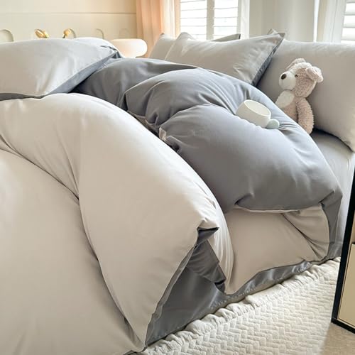 HAIBA Bettwäsche 180x220cm Beige/Grau 4 Teilig Weich Gewaschene Baumwolle Bettwäsche Paar Bett Unifarben Bettbezugund 2 Kissenbezug 50x75cm