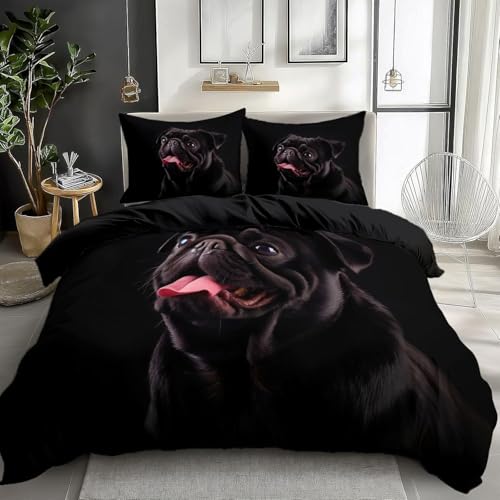 Bettwäsche 140x200 Schwarz, Bettbezug 140x200 Mops Weich Mikrofaser Schwarz Wendebettwäsche 3 Teilig - 1 x Bettbezüge und 2 x Kissenbezüge 80x80 cm aa1320