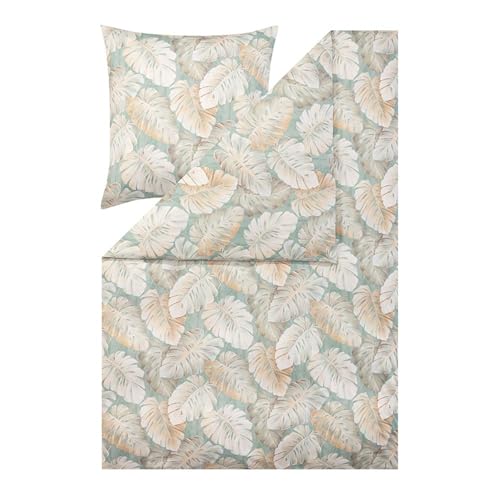  Bettwäsche 135x200 80x80, Rabea Tropenblatt, Interlock Jersey, bügelfrei, Ganzjahresbettwäsche aus Baumwolle, pflegeleicht mit Reißverschluss