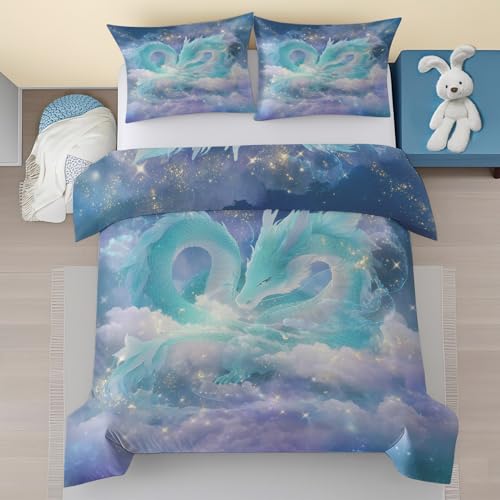 Generisch Türkis Drache Bettwäsche 135x200, Galaxie Nebel Muster Bettwäsche-Sets 2 Teilige, Fantasy Tier Weiche Mikrofaser Bettbezug mit Reißverschluss & 1 Kissenbezug 80 x 80 sTjk257