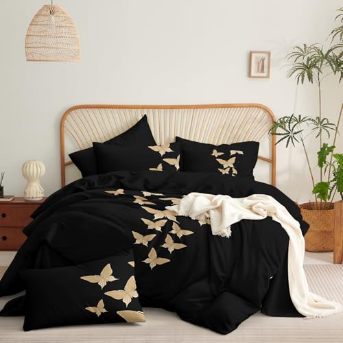 Covebett Bettwäsche 140x200 Schwarz Gold Schmetterling Muster Aesthetic Wendebettwäsche 2teilig Kinder Schwarze mit Gold Butterfly Microfaser Bettbezug mit Reißverschluss und Kissenbezug 70x90 cm