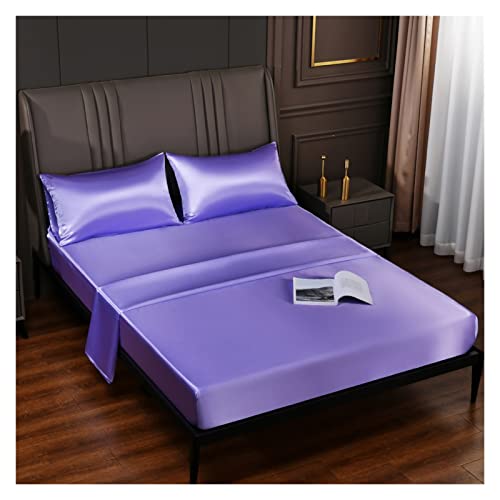 Bettwäsche aus Eisseide Seiden-Spannbettlaken mit elastischem Band, Rutschfester, Verstellbarer Matratzenbezug for Einzel-Doppel-King-Queen- Bett für Zuhause(Light Purple,King 198x203x40cm)