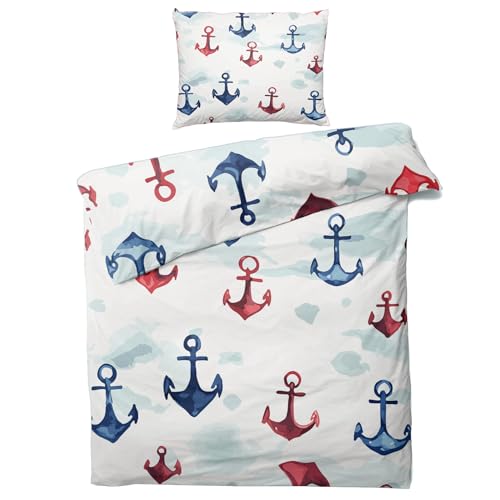 Generisch Anker Bettwäsche 135x200, 2teilig - Marine Thema Bettbezug und 1 Kissenbezug 80x80, Wendebettwäsche, Schlafzimmer Deko, mit Reißverschluss SD-1605