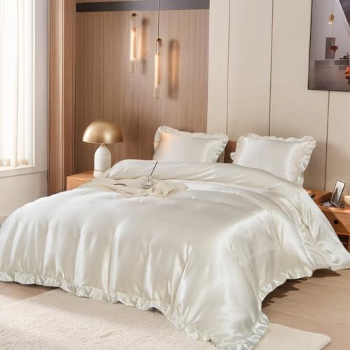 Nayoroom Satin Bettwäsche 135x200 Weiß Seidentuch Bettwäsche mit Rüschen Set 2 Teilig Luxus Mako Satin Bettbezug GlänzendAesthetic Seidenbettwäsche mit Reißverschluss und Seidenkissenbezug 80x80 cm