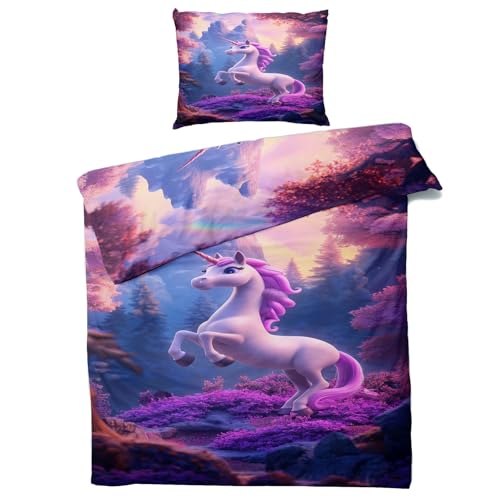 Einhorn Bettwäsche 135x200 - Mädchen Kinder Bettbezug 135 x 200 2er Set, Weiche & Angenehme Mikrofaser Bettbezüge & Kissenbezug 80x80, Bettwäsche-Sets mit Reißverschluss M#-272