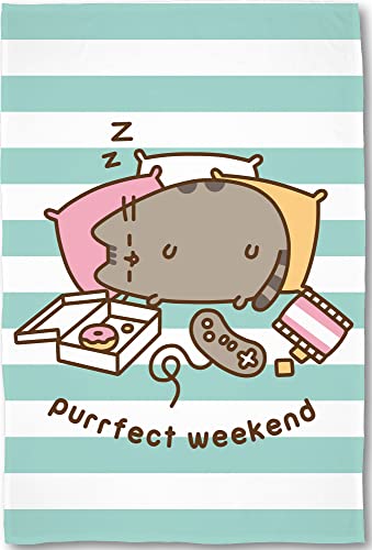 BERONAGE Große Pusheen Purrfect Weekend Wohndecke in Weiß Türkis 160 cm x 200 cm super weiche Flanell-Decke Kuscheldecke Sofadecke Coral-Fleece-Decke The Sweet Cat süße Katze passend zur Bettwäsche
