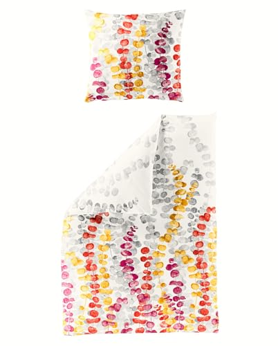 JACK by Bierbaum Mako Satin Bettwäsche 2 TLG. Blätter Eukalyptus Offwhite Rot Gelb Pink Grau, Größe:135x200cm Bettwäsche