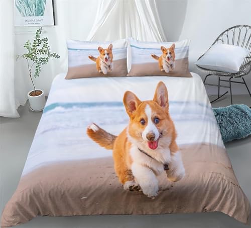 Bettwäsche 220x240 cm Corgi 3 Teilig Bettbezug 220 x 240 Meer and Strand Bettwäsche-Sets 3D Weiche Mikrofaser Bettbezug Set mit Reißverschluss + 2 Kissenbezüge h-3882