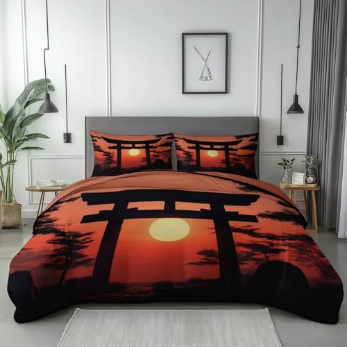 Bettbezüge Set 200 x 200 cm Einfache Pflege 3-Teiliges Mikrofaser mit Reißverschluss 1 Bettbezug und 2 Kissenbezug, Sommer-Bettwäsche-Set Orientalisch Torii-Tor Sonnenuntergang Thema, Orange
