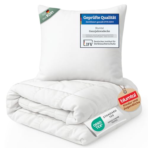 Blumtal Kinder Bettdecke und Kissen Set 2er Set - Bettwäsche 135x200 + Flachkissen 80x80 cm - Oeko-TEX zertifiziertes Kinder Bettdecke 135x200 - Ganzjahresdecke Weiß