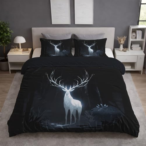 Generisch Bettwäsche Set 180 x 200 cm Schwarz – Cartoon Hirsch Magie Mikrofaser Bettbezug Reißverschluss, Deckenbezug + Kissenbezüge, weich atmungsaktiv pflegeleicht, für Teenager Erwachsene