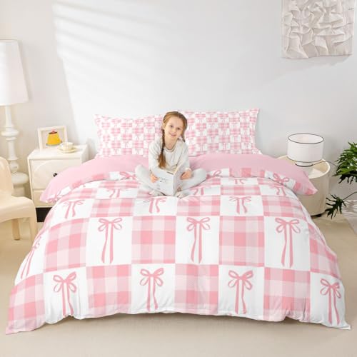 Cartoon Bowknot Kids Bettdecke Set S Größe,Bogen Geometrische Gitter Patchwork Mädchen Jungen Bettwäsche Set,Süße Prinzessin Stil Zimmer Dekor, Rosa Weiße Quilt Abdeckung, 1 Kissenbezug (Keine Decke)