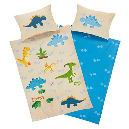 Aminata kids Kinderbettwäsche Dinosaurier Dino-Motiv 100x135 Junge Jungen - Baumwolle mit YKK Reißverschluss, Wende Kinder-Bettwäsche-Set Dinos bunt, blau, beige T-Rex Jurassic Saurier