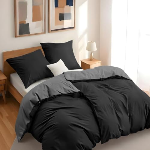 Dreamzie - Bettwäsche Set 135x200 cm mit 2 Kissenbezügen 80x80 cm Schwarz/Dunkelgrau - 2 Bettbezug 135x200 aus 100% Mikrofaser - Zertifiziert ohne Chemikalien (Oeko TEX)